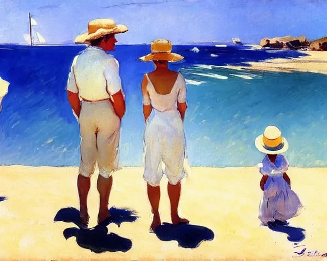 Image similar to a couple and a girl toddler on a beach in sardinia looking at a sailing boat, the man is wearing a panama hat, the woman has long dark hair, white sand, blue sky, summer, white and blue, painting by joaquin sorolla