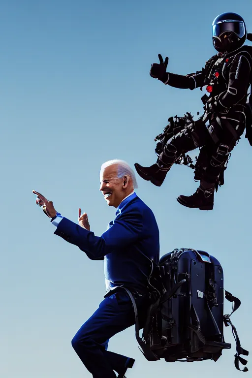 Image similar to joe biden flying with jet pack, high resolution, photorealistic, cinematic, smooth, 4 k, aesthetic lighting, baroque object, sharp focus, hyperdetailed, face features, tumblr trending, with small object details, professional photography, pullitzer winning photo by : canon eos 5 d mark iv, by karah mew and adnan abidi and jodie bateman