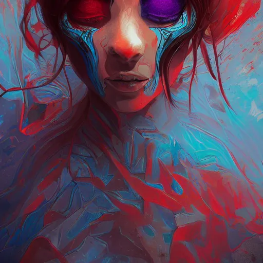 Prompt: the brittle. digital painting, vertical, intricate, beautiful, detailed, grunge, illustration, abstract art by artgerm, trending on artstation. blue, dark red and dark purple color scheme, gradient darker to bottom