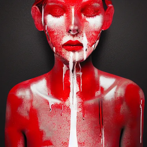 Image similar to dripping red paint across the shape of a female human, realistic , high detail, on a white background