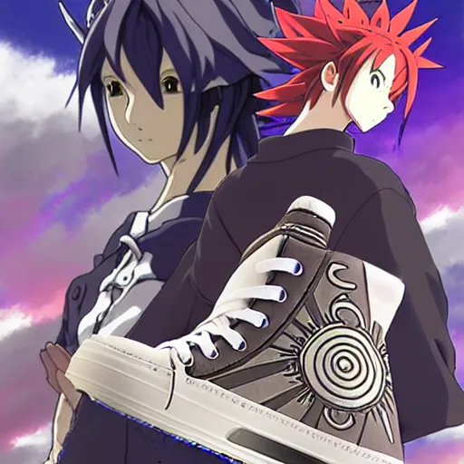 Image similar to fantasy anime jrpg sneaker design designed by studio ghibli, chrono trigger guilty gear style, sleek modern native punk sneaker design, hip hop sneaker design with subtle mayan patterns, gapmoe yandere grimdark, trending on pixiv fanbox, painted by greg rutkowski makoto shinkai takashi takeuchi studio ghibli, akihiko yoshida