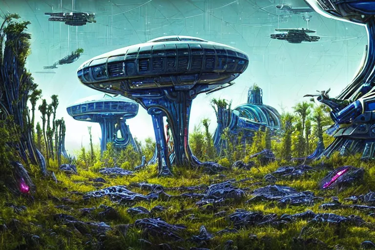 Prompt: Epic science fiction landscape. In the foreground is soldiers in battle-armor and a futuristic tank!!, in the background vibrant colourful alien trees and alien vegetation. An abandoned alien spaceship is between them. On the horizon a futuristic city. Vibrant colours, stunning lighting, sharp focus, extremely detailed intricate painting inspired by H.R. Giger and Simon Stalenhag