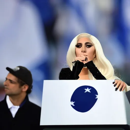 Image similar to Lady Gaga as president, Argentina presidential rally, Argentine flags behind, bokeh, giving a speech, detailed face, Argentina