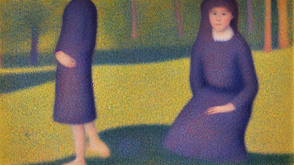 Prompt: A decent young girl portrait by Georges Seurat.