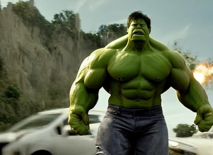 Prompt: film still of hulk driving a prius in the new avengers movie, 4 k