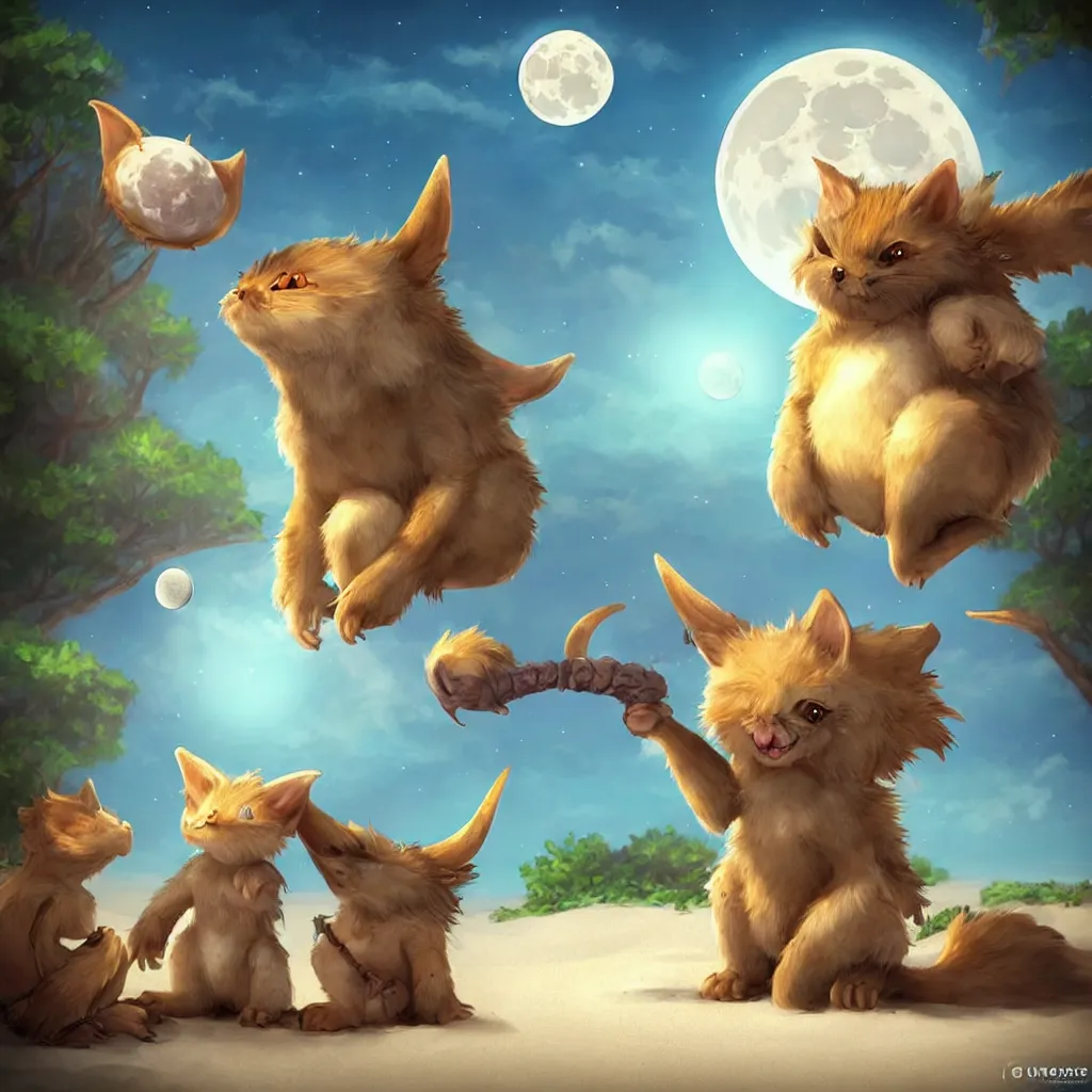 Image similar to cute fantasy critters at a beach looking at the moon, ultra realistic, concept art, highly detailed