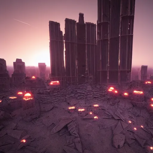 Prompt: The remnants of a city with tall buildings built by an advanced civilization that crumbled after an apocalyptic event. It is found in the dark depths of a sand cavern, lit by light sticks on the ground, seen from above, first person POV, octane render, 8k, unreal engine