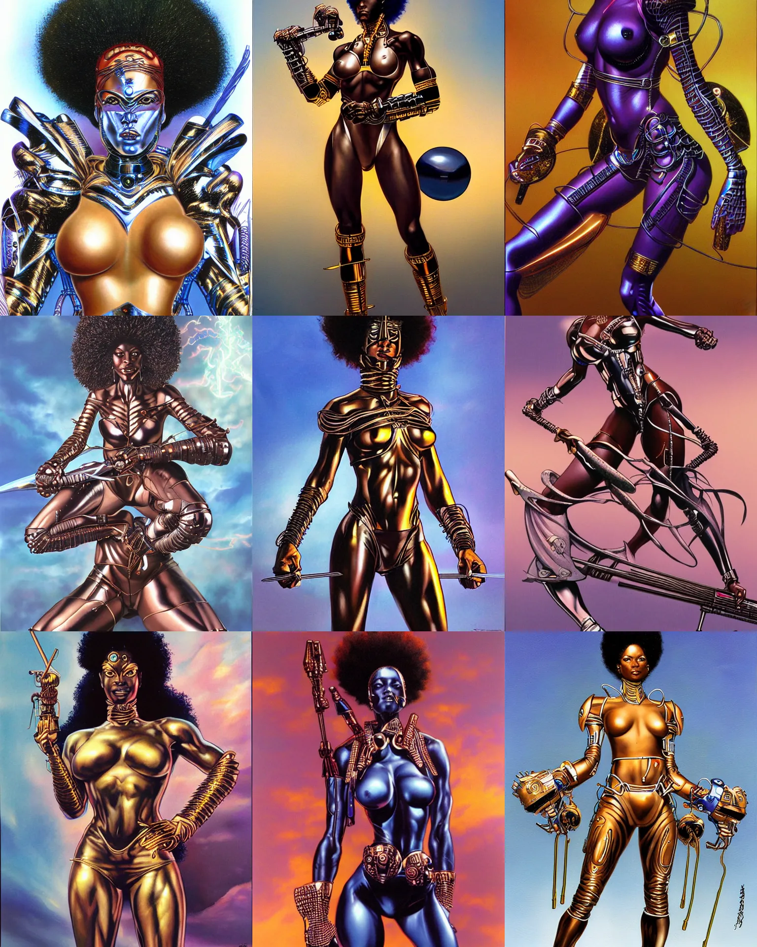 Prompt: female afrofuturism warrior, by hajime sorayama