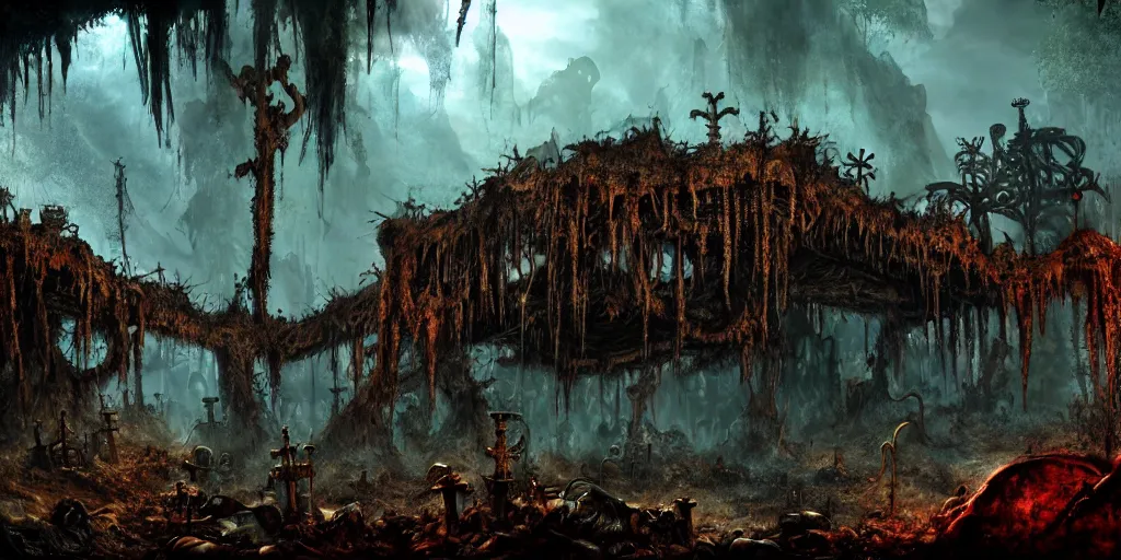 Prompt: shrouded in the rotting jungle are the mouths of the rust - caves of golgotha, chrome's graveyard, screenshot, concept art, retrofutistic, science fantasy, rpg, epic, extremely detailed, sharp focus, 4 k