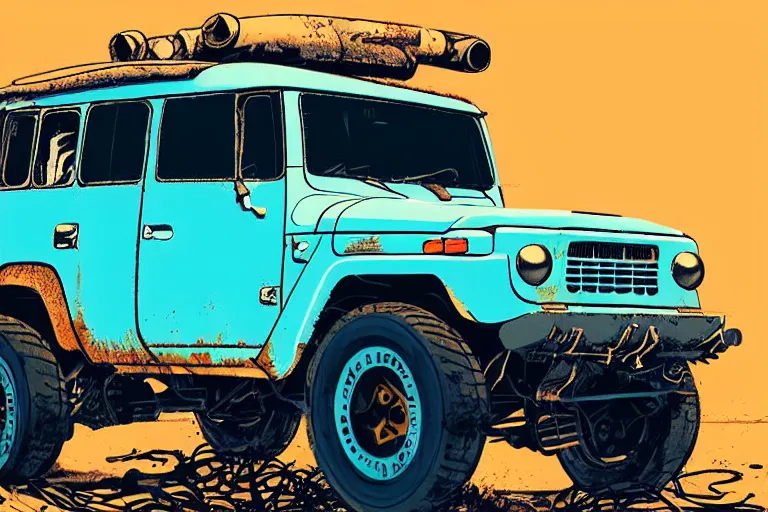 Image similar to digital illustration of a faded cyan mad max's fj 4 0 decrepit!!!! pursuit special, rusty!!! nissan fj cruiser heavily modded 1 9 9 0 s, the last v 8 interceptor by makoto shinkai, ilya kuvshinov, lois van baarle, rossdraws, basquiat