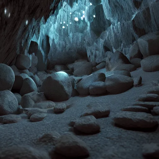 Image similar to dimly lit cave with crystals, raytracing, vray