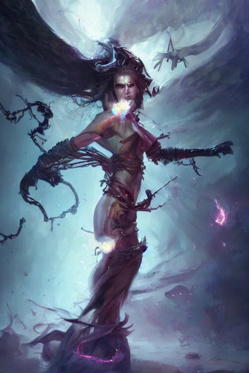 Image similar to beautiful girl necromancer, witch - doctor exploding into space casting spell, angels, 3 d render, hyper - realistic detailed portrait, holding fire and electricity, ruan jia, wlop. scifi, fantasy, magic the gathering, hyper detailed, octane render, concept art, peter mohrbacher
