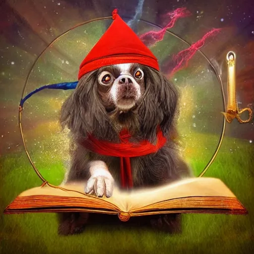 Prompt: wizard dog as magic wizard casting spell surreal art