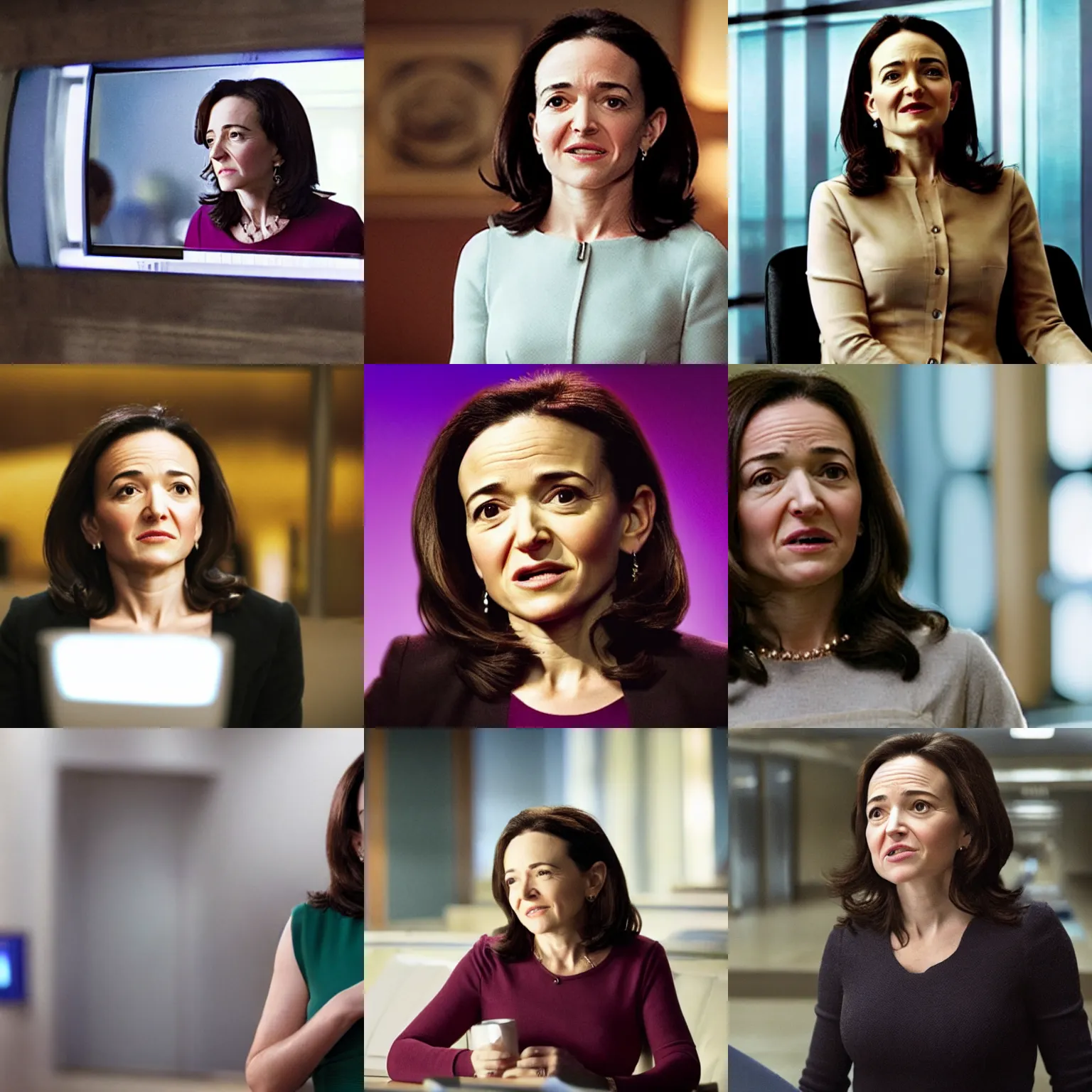 Image similar to Movie still of Sheryl Sandberg as a villain in movie Panopticon