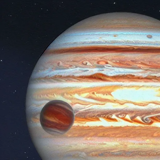 Prompt: the first manned mission to europa, jupiter in sky, nasa photo