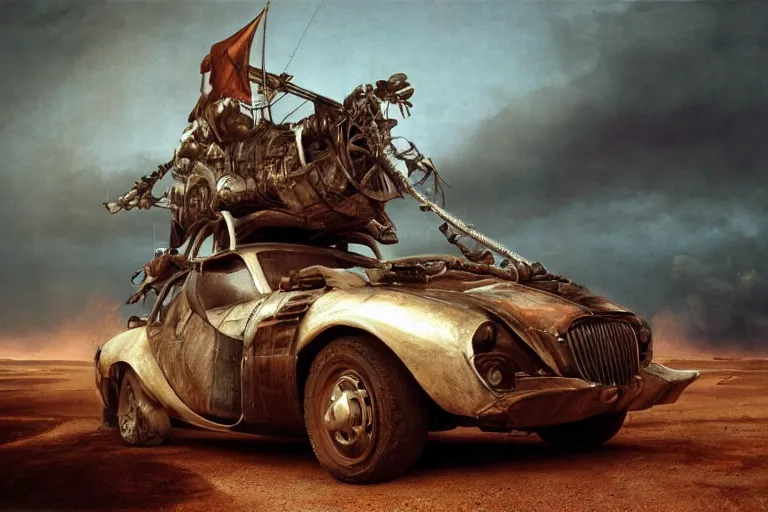 Image similar to full color hd photo of a mad max vehicle, octane render 4 k, by hieronymus bosch, joel peter witkin, annie liebovitz. gustave dore, hr giger, zdzisław beksinski, epic, artstation, cgisociety, weta, disney