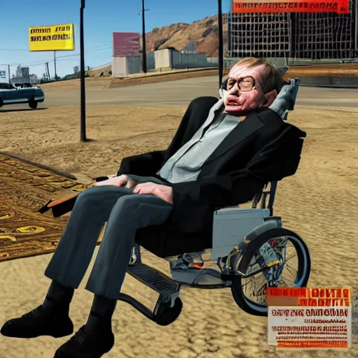 Image similar to Stephen Hawking in GTA V cover, rockstar games, no text,