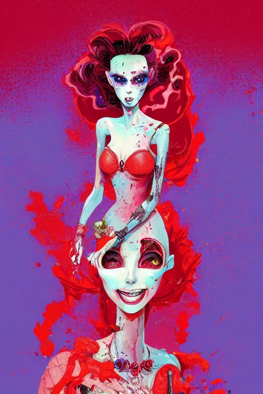Image similar to beautiful lady half necromancer, made of red gucci fabric, dust particles, pixiv fanbox, dramatic lighting, maximalist pastel color palette, splatter paint, pixar and disney exploded - view drawing, graphic novel by fiona staples and dustin nguyen, peter elson, alan bean, wangechi mutu, clean cel shaded vector art, trending on artstation