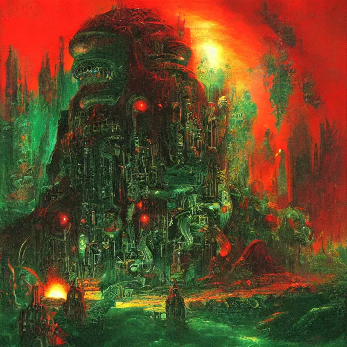 Image similar to gargantuan disappointment of crying souls, red and green palette, by ( h. r. giger ) and paul lehr