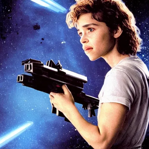 Prompt: half and covered in blood, ellen ripley, performed by emilia clarke, fights off hordes of aliens on the millennium falcon, holding a minigun in her right hand behind her and helps her with shots from a laser pistol. the style of films from the 8 0 s