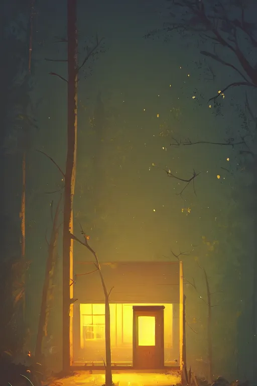 Prompt: the small house in the forest, at night, gibli, james gilleard, atey ghailan, exquisite lighting, clear focus, very coherent, plain background, very detailed, vibrant, dramatic painting
