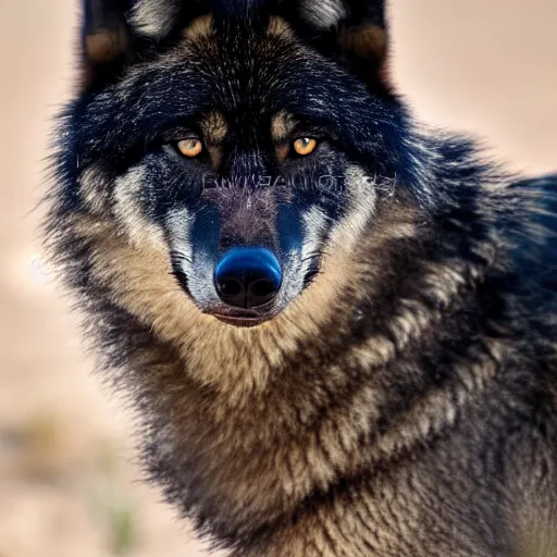 Prompt: black wolf in an australian desert, gold colored eyes, 2 0 0 mm f / 2. 8 photograph
