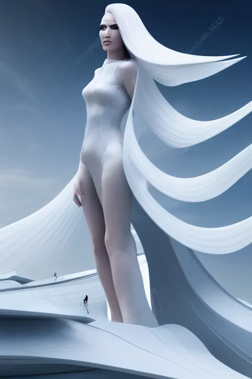 Image similar to a futuristic scene character sheet for long pink haired beautiful thin woman in a white flowing futuristic dress, in front of a zaha hadid building, cinematic matte painting, extreme detail photo quality, dark moody colors, featured on behance