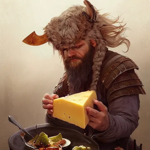 Prompt: a portrait of Viking rapaciously eating cheese, highly detailed, digital painting, artstation, concept art, sharp focus, illustration, art by artgerm and greg rutkowski and alphonse mucha