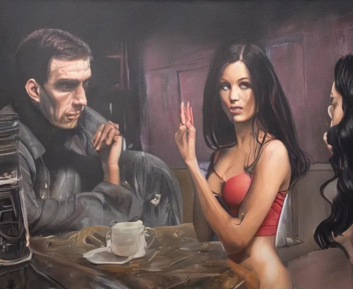 Prompt: dark oil realistic painting a gaunt man looking at a beautiful brunette woman in a alien cafeteria