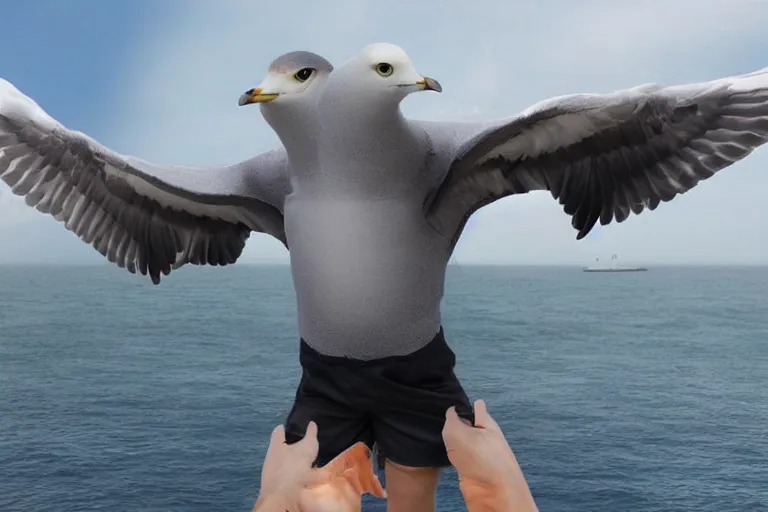 Image similar to giant seagull, human arms instead of wings, extremely realistic, extremely detailed