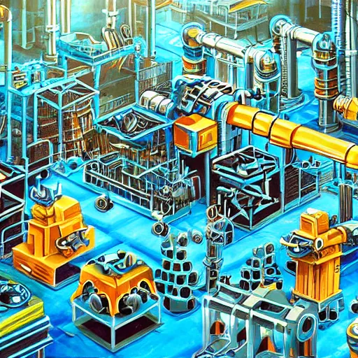 Image similar to a futuristic factory with pipes and robotic machinery make toys, in the style of salvador dahli, painting,