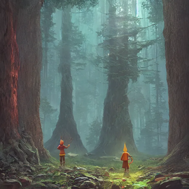 Image similar to a forest gnome standing in front of a portal. Detailed digital matte painting in the style of simon stalenhag