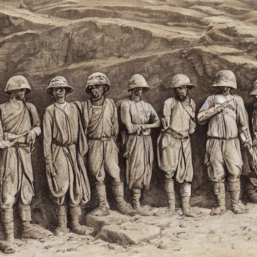 Image similar to ultra detailed photorealistic sepia - toned line drawing from 1 9 1 7, a small group of british soldiers standing with bedouin traders in traditional arab garb, at an archaeological dig site in wadi rum, ultra realistic, painted, intricate details, lovecraft, atmospheric, dark, horror, brooding, highly detailed, by clyde caldwell