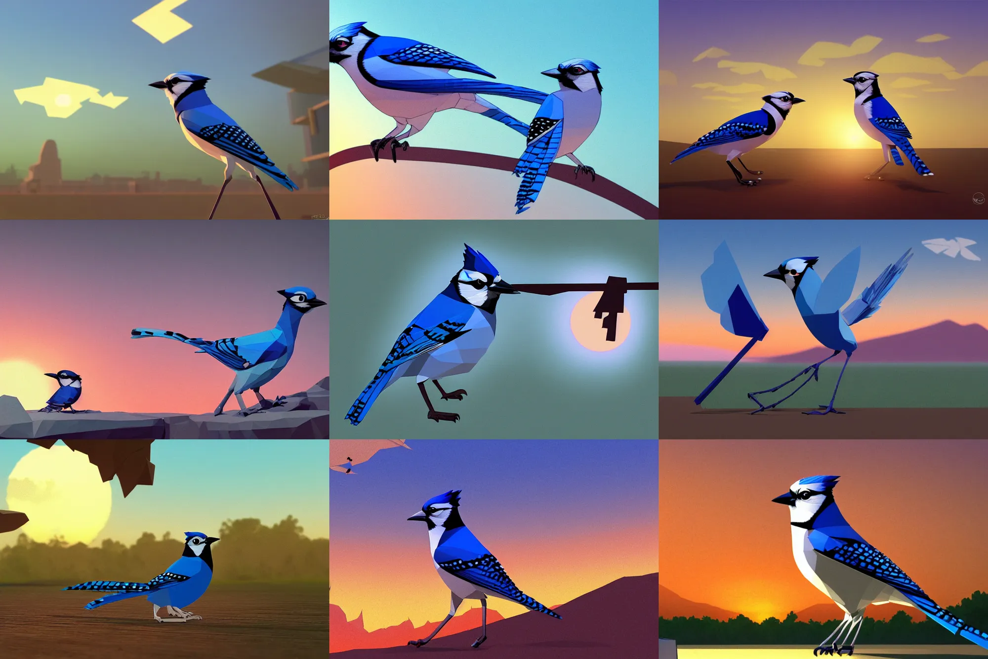 Prompt: a key shot of a Bluejay animation at sunset, medium shot, waist up, studio Ghibli, Pixar and Disney animation, sharp, Rendered in Playstation 1, low poly, bad graphics, terrible, NES, key art by Greg Rutkowski, dramatic lighting, flat texture, J. C. Leyendecker, Bluejay with 6 legs