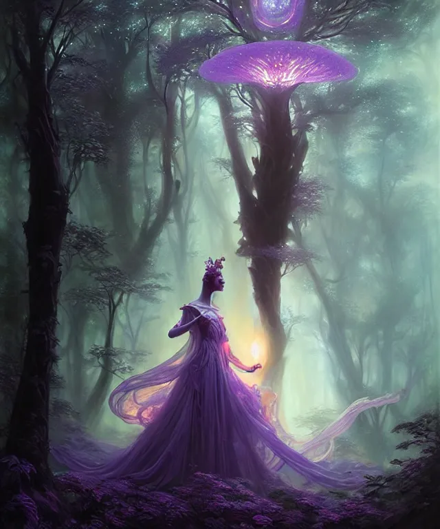 Prompt: ultra detailed, magical realism, portrait painting, of the beautiful empress within the enchanted glowing purple forest, volumetric lighting, depth of field, illusion, intricate details, by greg rutkowski, peter mohrbacher and peter coulson