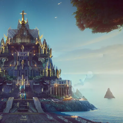 Image similar to an asgardian palace in a golden fantasy sci fi luxurious city with cerulean oceansides, scandinavian / norse influenced, cinematic, ray traced, octane render, cinematic lighting, ultrarealistic, featured on artstation, 8 k uhd artwork