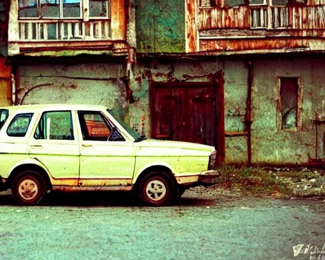 Image similar to a lomographic photo of old lada 2 1 0 7 standing in typical soviet yard in small town, hrushevka on background, cinestill, bokeh