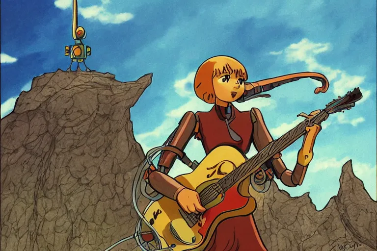 Image similar to A cell animation of a robot playing guitar, Nausicaa of the Valley of the Wind, Miyazaki Hayao, ghibli style, illustration, anime, trending on artstaion