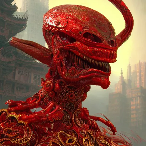 Image similar to The red alien, intricated traditional Chinese textures, rococo decorations, hyper detail, Unreal engine,Octane render, by Karol Bak