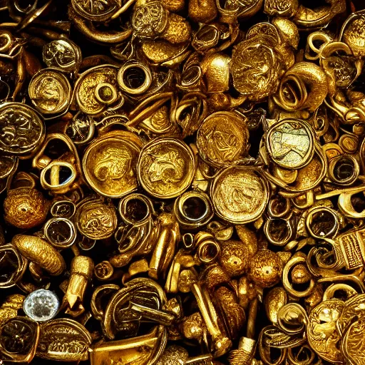 Prompt: A hoard filled with golden treasures lost to time, ultra-high definition, 4K, museum quality photo