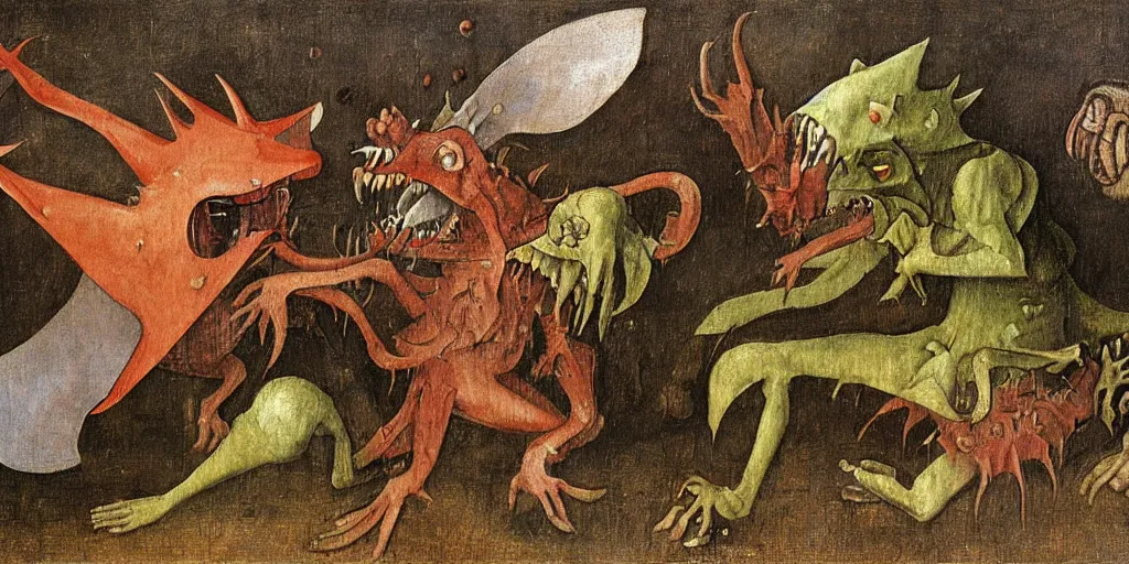 Prompt: a tarrasque fighting a powerful wizard as drawn by hieronymus bosch, oil painting, highly detailed