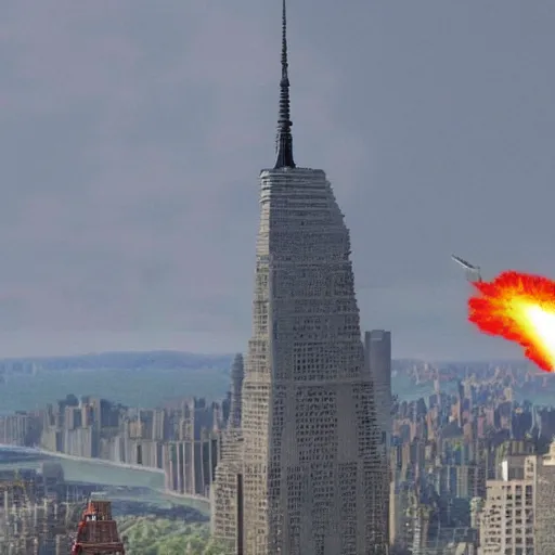 Image similar to kim jong un godzilla destroying manhattan new york city, kim jong - un, godzilla, destruction, hyper realistic, helicopter photo