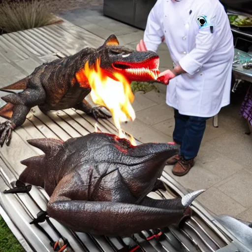 Image similar to photo of a chef roasting a realistic dinosaur on a grill