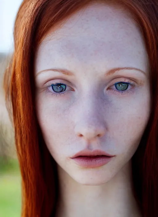 Image similar to close up portrait photograph of a thin young redhead woman with russian descent, sunbathed skin, with deep blue symmetrical!! eyes with round!! Black!! Pupils, and Wavy long maroon colored hair who looks directly at the camera, with a Slightly open mouth, face takes up half of the photo. a park visible in the background. 55mm nikon. Intricate. Very detailed 8k texture. Sharp. Cinematic post-processing. Award winning portrait photography. Sharp eyes.