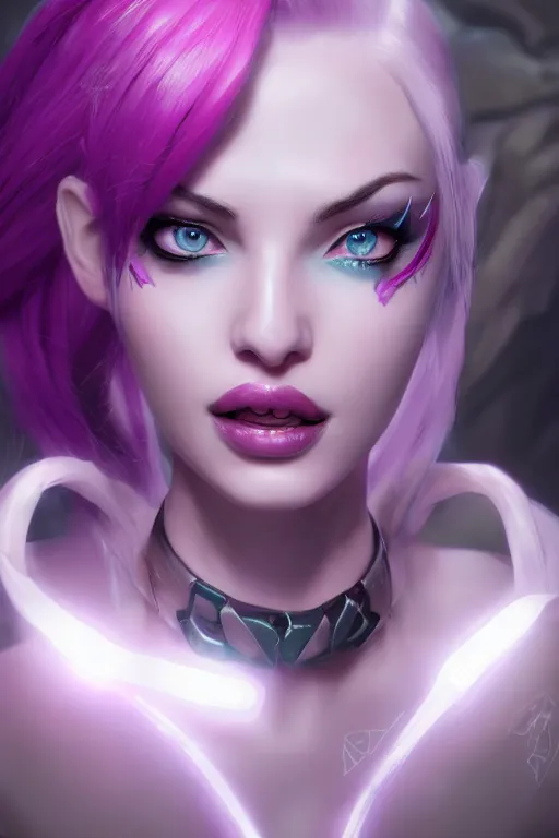 Image similar to ultra realistic facial portrait of jinx from league of legends, digital art, character portrait, highly detailed, trending on artstation, lens flare, atmosphere, hyper realistic, cinematic lightning, sharp focus, unreal engine 5, extreme details perfect face, pretty face, fine - face, illustration, 8 k, ultra texture, masterpiece