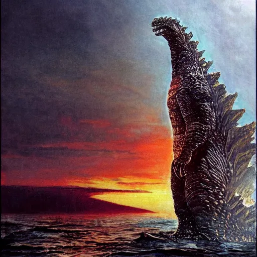 Prompt: godzilla, deep sea, sunset, portrait by gerald brom, by mikhail vrubel, by peter elson, muted colors, extreme detail, trending on artstation, 8 k