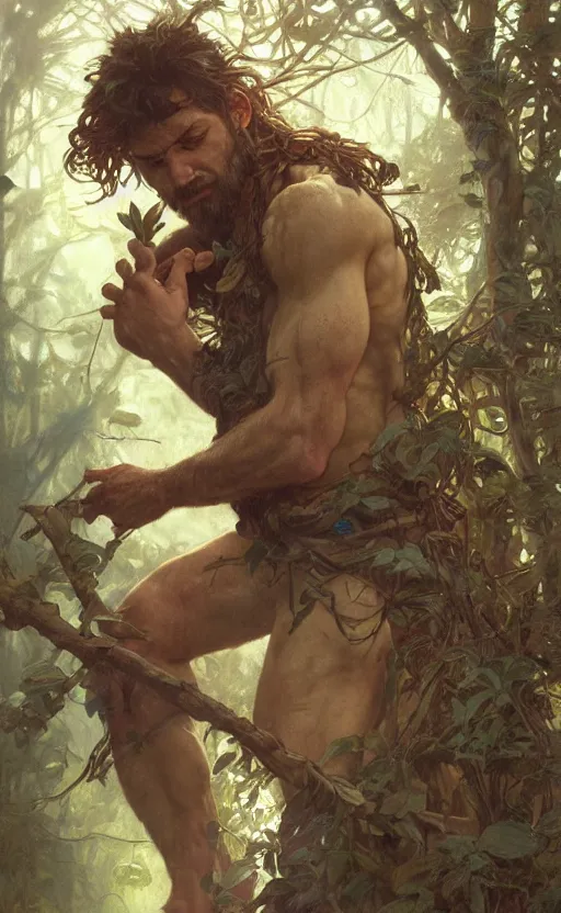 Image similar to god of the forest, rugged, handsome, male, detailed face, clean lines, atmospheric lighting, amazing, full body, thighs, flowers, muscular, intricate, highly detailed, digital painting, deviantart, concept art, sharp focus, illustration, art by greg rutkowski and alphonse mucha