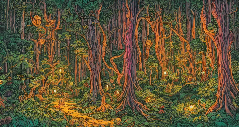 Image similar to Enchanted and magic forest, by dan Mumford