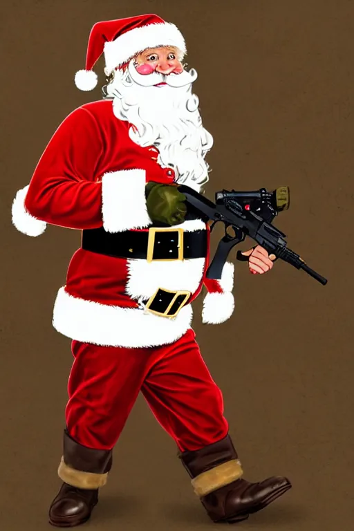 Prompt: concept of a jolly Santa Claus holding a M61 Vulcan machine gun and wearing an army harness vest full of pouches, full body concept in the style of Norman Rockwell and Simon Bisley