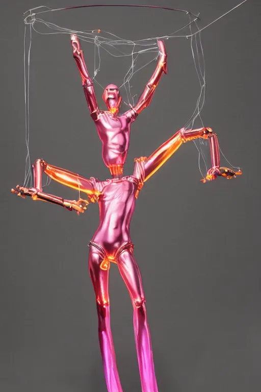 Image similar to full-body baroque and bladerunner style pink neon and chrome statue of a muscular handsome pale priest robot god humanoid wearing a see-through silk cloak sim roupa, posing like a falling model, suspended from the ceiling with wire cables, glowing peach face, street hoody of red steampunk lasers, emeralds, swirling silver silk fabric. futuristic elements. oozing glowing liquid, full-length view. space robots. human skulls. throne made of bones, intricate artwork by caravaggio. Trending on artstation, octane render, cinematic lighting from the right, hyper realism, octane render, 8k, depth of field, 3D